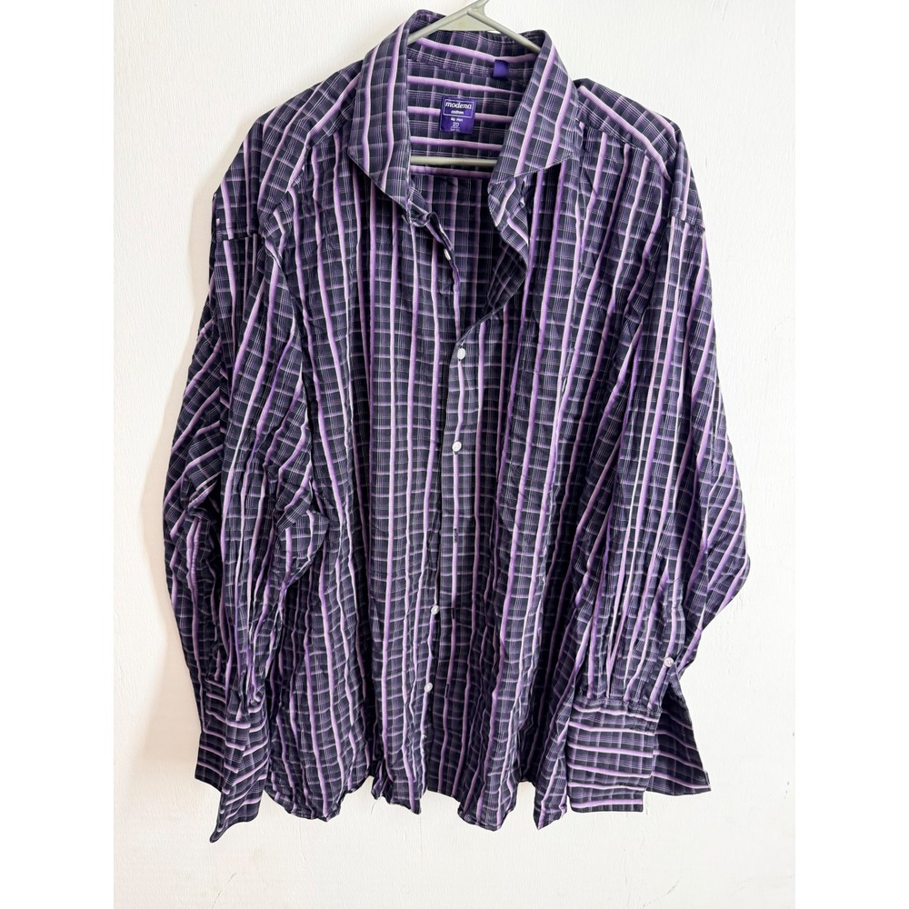Modena Big Men 20 Dress Shirt Purple Black Striped Plaid Long Sleeve Cotton L